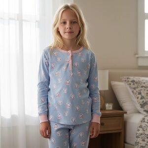The Beaufort Bonnet Company Light Blue and Pink Bunny Print Kids Pajamas 14Y